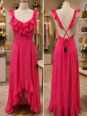 Lulu's Hot Pink Ruffle High-Low Maxi Dress